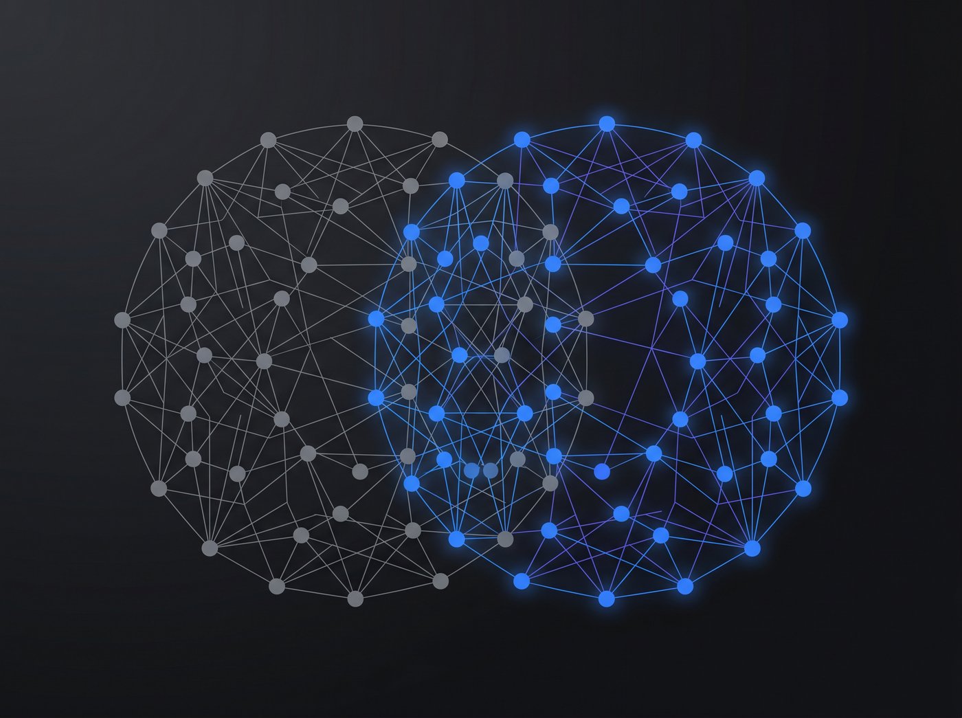 Two overlapping node clusters on a dark background with the competitor's exclusive links highlighted in electric blue.
